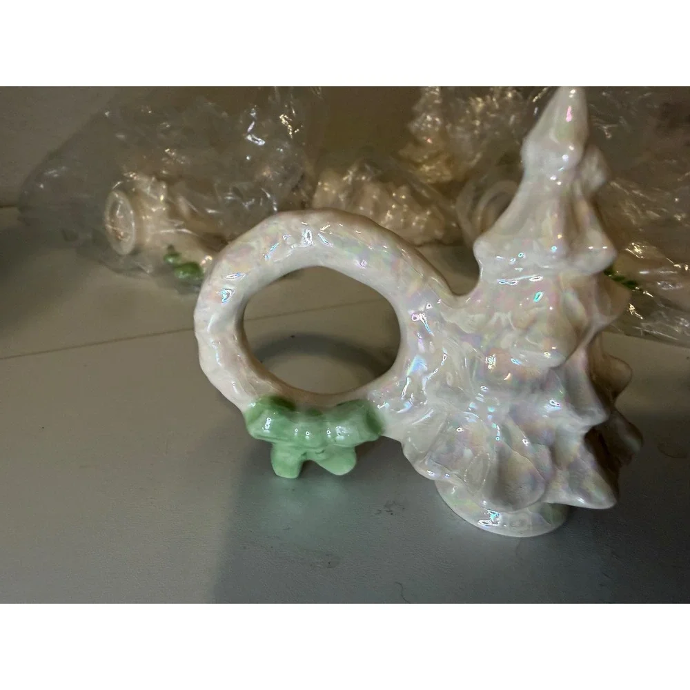 Set of 8 Iridescent Ceramic Christmas Tree and Wreath Napkin Rings White Green